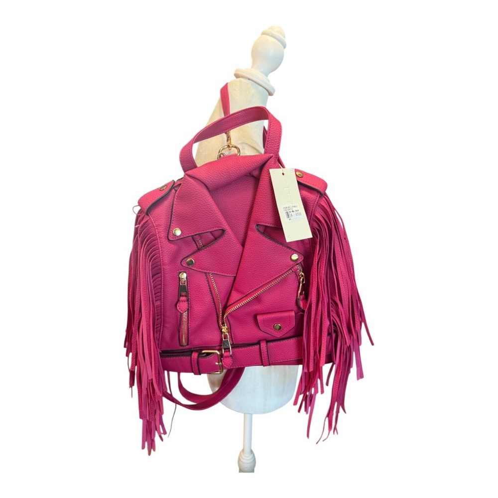 La Miel Fuchsia Pink Fringe Motorcycle Jacket Backpack Vegan Leather Bag NWT - Picture 4 of 10